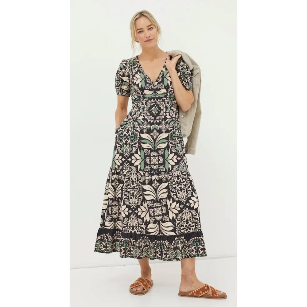 Fat Face Damask Mosaic‎ Empire Waist Midi Dress Womens 14 Boho Cottage Folk